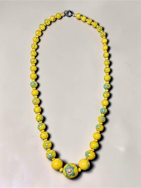 Vintage Yellow Blue Lampwork Art Glass Graduated Bead Necklace 17”